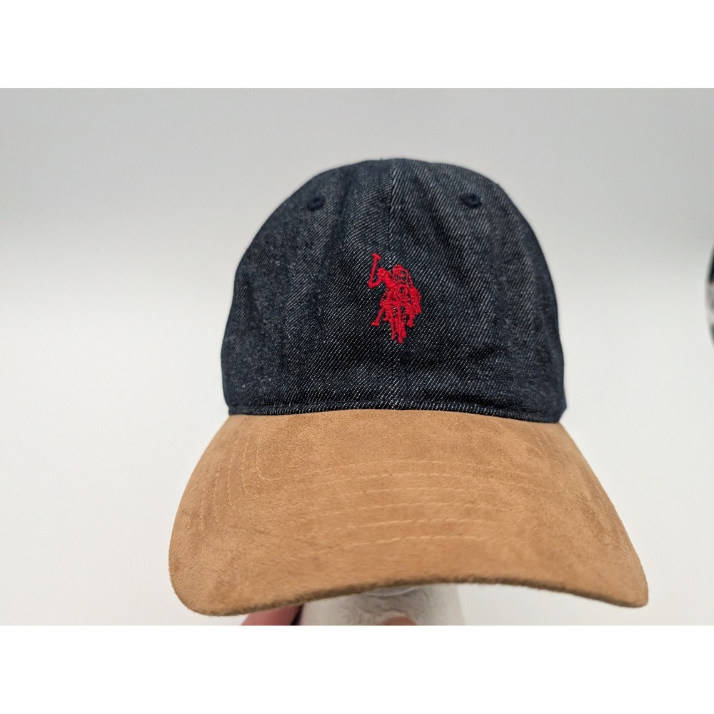 US Polo Assn Denim Baseball Cap Hat Blue Tan Faux Suede Adjustable Red Logo